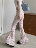 Stetnode Sweet Floral Print Casual Pants for Women Sumemr Slim Fit Ruffles Flare  Y2k E-Girl High Waist Loose Wide Leg