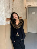 Stetnode American V-neck Leopard Print Fur Collar Cardigan Autumn Winter New Sweaters Coat Women Y2k Slim Fit Long Sleeve Tops Mujer