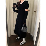 Stetnode  Korean Retro Velvet Elegant Puff Sleeve Dress Women 2024 Spring New O-neck Contrast Color Patchwork A-line Dress with Sleeves