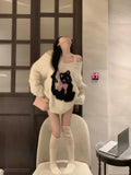 Stetnode Kawaii Cat Waterproof Mink Sweaters Women Autumn New V-neck Lazy Pullovers Y2k E-Girl Long Sleeve Loose Knitted Tops