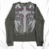 Stetnode Y2K Cyber Coss Wings Print T-shirt Skull Graphic Long Sleeve Tees Grunge  Fairy Vintage Baggy Top Gothic Clothes