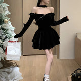 Stetnode  Off-shoulder Sexy Slim Velvet Black Long-sleeved Dress Women 2024 Spring New Korean Fashion Bow Pleated Halter Party Dress