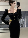 Stetnode Elegant Velvet Midi Dress Women French Vintage Long Sleeve Square Collar Bodycon Wrap Hip Female Evening Party Vestidos Mujer