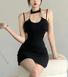 Stetnode Spring Outfit Summer Black Hollowed Out Elegant Chain Sexy Halter Mini Dress For Women Off-shoulder Backless Bodycon Club Party Wrap Hip Dress