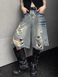 Stetnode American Street Washed Blue Denim Shorts Y2k E-Girl High Waist Loose Wide Leg Jeans 2024 New Hole Straight Knee-Length Pants