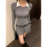 Stetnode  Vintage Contrast Color Patchwork Knitted Long-sleeved Dress Women 2024 Spring New Polo Collar Sexy Slim Pleated Dress with Belt