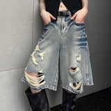 Stetnode American Street Washed Blue Denim Shorts Y2k E-Girl High Waist Loose Wide Leg Jeans 2024 New Hole Straight Knee-Length Pants