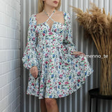 Stetnode High Quality ! Summer Floral Print Dress Women Lantern Ruched Long Sleeve Dress Tie Up Mini Vestidos Sundresses Sexy Beach Dress