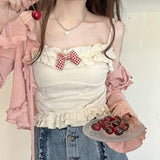 Stetnode Kawaii Candy Color Crop Top Women Japanese Lolita Sweet Tank  Boe Ruffle Short Tee Shirt All Match Cute s 2024