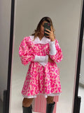 Stetnode Korea Fashion Pink Lovely Lantern Sleeve Dresses Leopard Print Long Sleeve A line Dress Casual Doll Collar Dresses Women 2024