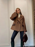 Stetnode 2024 Winter Leather Patchwork Woolen Jacket Elegant Lapel Double Breasted Slim Fits Coat Office Lady High Street Outwear