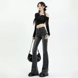 Stetnode Gray Flared Jeans Women's Spring Autumn High-waisted Slim-fit Pants Retro Y2K Street Female Denim Trousers