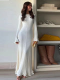 Stetnode Women Elegant Ruffle Hem Knit White Long Dress O-neck Flare Long Sleeve Backless Bandage Dresses 2024 New Evening Party Robes