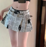 Stetnode American Printed Pleated Skirts 2024 Autumn New Low Waisted A-line Skirt for Women Y2k Grunge Faldas Mujer Newspaper