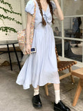 Stetnode  Summer Sweet Girly Holiday Style V-Neck Bow Kawaii A-Line Temperament Puff Sleeve Mid-Calf Dresses Tender Fairy Dress