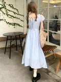 Stetnode  Summer Sweet Girly Holiday Style V-Neck Bow Kawaii A-Line Temperament Puff Sleeve Mid-Calf Dresses Tender Fairy Dress