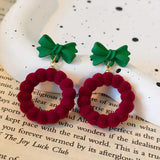 Stetnode Christmas Bowknot Flocking Wreath Earrings for Women Luxury Red Bow Snowflake Christmas Tree Drop Earring New Year Jewelry Gift