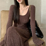 Stetnode  Vintage Solid Color All Match Elegant Long-sleeved Dress Women Autumn New Korean Sexy Slim Draped Knitted Mid-length Dress