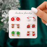 Stetnode 6 Pairs/Set Christmas Stud Earring For Women Cute Cartoon Resin Snowflake Santa Claus Elk Earrings Girl Party New Year Jewelry