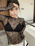 Stetnode Korean Fashion Lace T Shirts Women Vintage Sexy See Through Aesthetic Crop Tops Kpop Y2k Long Sleeve Tees Shirts Summer