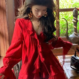 Stetnode Elegant V-neck Ruffles Long Sleeve Tops Women+ Y2k E-Girl High Waist Ruched A-line Skirts Spring New Red Two Piece Sets