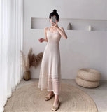 Stetnode Women Knitted Camis Dress Korean Fashion Patchwork Mesh A Line Dress Female Elegant All Match Elastic Base Sundress New