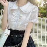 Stetnode Kawaii Lolita Blouses White Women Cute Lace Tops Ruffle Shirts Vintage Puff Sleeve Japanese Preppy Style Sweet Blouses