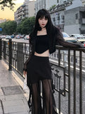 Stetnode Korean Simple High Waist Hollow Out Black Pants+ Y2k E-Girl Slim Fit Mesh Long Sleeve Tops Women  Grunge Two Piece Sets