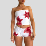 Stetnode Christmas thanksgiving gifts Beach Vacation Lounge Oufits 2 Pice Set Flower Print Strapless Crop Tube Tops Bandeau + Skinny Mini Skirt Wrap Bodycon Women