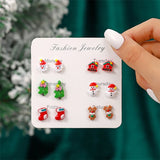 Stetnode 6 Pairs/Set Christmas Stud Earring For Women Cute Cartoon Resin Snowflake Santa Claus Elk Earrings Girl Party New Year Jewelry