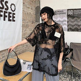 Stetnode Japanese O-neck Oversize Tee Shirt Summer Sexy See Through Mesh Lace T-shirt Y2k E-Girl Short Sleeve Bottoming Tops Women