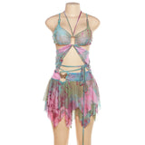 Stetnode Women Y2k Ruffle Butterfly 2 Piece Outfit Sexy Fairy Backless Crop Top Wrap Mini Skirt Set Rave Festival Matching Set