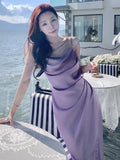 Stetnode  Summer Elegant Satin Graduation Party Midi Dress Women France Chic Slim Spaghetti Straps Robe Korean Folds Clothes