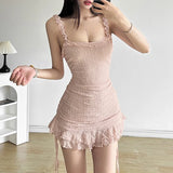 Stetnode Y2K Kawaii Women Cami Dress Flower Embroidery Sleeveless Backless Dress Mini Dress Side Drawstring Ruffles Bodycon Dress