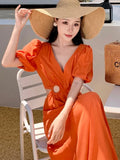 Stetnode Women Orange V Neck Waist High Hollow Out Pleated Dress Summer Fashion Vintage Short Sleeves Chic Elegant Long Dresses