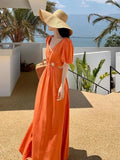 Stetnode Women Orange V Neck Waist High Hollow Out Pleated Dress Summer Fashion Vintage Short Sleeves Chic Elegant Long Dresses