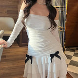 Stetnode E-girl Pleated Bow Asymmetric Slim Fit Mini Dress Women Bodycon Dress Long Sleeve Off-shoulder Dress Y2K Fairycore Streetwear