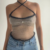 Stetnode Chic Women Vintage Mini Vest Kawaii Girl Knitted Tie-up Strap Crop Top Sexy Hollow Out Backless Camisole Y2K Retro Streetwear