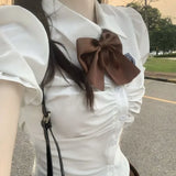 Stetnode Korean Simple White Puff Sleeve Slim Fit Shirts Women+ Summer  Waist Ruched A-line Skirts+ Brown Bow Y2k Three Piece Sets