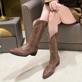 Stetnode Thick Heel Women Embroidery Western Cowboy Boots Fashion Rivet Slip On Long Booties Autumn Winter Female Shoes