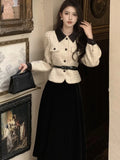 Stetnode Elegant Two Piece Skirt Set For Women Office Lady Vintage Outfits Fashion Long Sleeve With Belt Jacket Black Velvet Midi Skirts