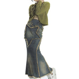 Stetnode 2000s Retro Y2K Aesthetics Grunge Long Skirt Vintage Mall Goth Streetwear Hippie Style Vintage Star Tassel Pattern Denim Skirts