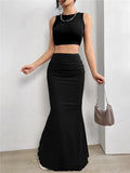 Stetnode Solid Bodycon Ruched Long Skirt Women Sexy Black Elastic Elegant High Waist Mermaid Maxi Skirts Summer Streetwear