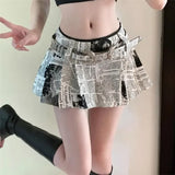 Stetnode American Printed Pleated Skirts 2024 Autumn New Low Waisted A-line Skirt for Women Y2k Grunge Faldas Mujer Newspaper