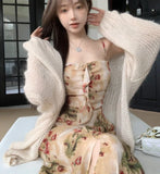 Stetnode 2024 Spring New Korean Floral Print Ruffled Elegant Sling Dress Women + Loose Casual Long-sleeved Cardigan Two-piece Suit