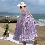 Stetnode French Vintage Purple Print Long Dresses for Women 2024 Summer Sexy Backless Sleeveless Ruffles Beach Holiday Female Clothing