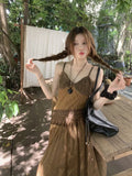 Stetnode Spring Outfit Korean style Ethnic Irgular Spaghettic Strap Fairy Boho Hippie Dress Women Tassel Mesh Stitching Spice Summer Beach Slim Dress