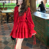 Stetnode Elegant V-neck Ruffles Long Sleeve Tops Women+ Y2k E-Girl High Waist Ruched A-line Skirts Spring New Red Two Piece Sets