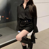 Stetnode  Polo Collar Sexy Slim Black Long-sleeved Dress Women 2024 Spring New High Street Fashion All Match Mini Dress with Belt