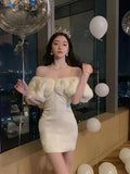 Stetnode Spring Outfit White Sexy Club Off Shoulder Gown Short Dress Spring Summer Elegant Birthday Evening Party Spliced Velvet Mini Dress 2024 Women